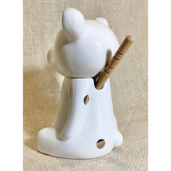 CIROA stoneware Hello Honey teddy bear gold polka dots honey pot jar w/ dipper - Picture 4 of 7